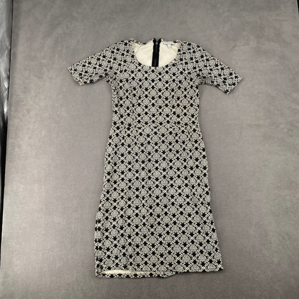 Downeast Black White Damask Sheath Dress Short Sleeve Scoop Neck Size S 5820